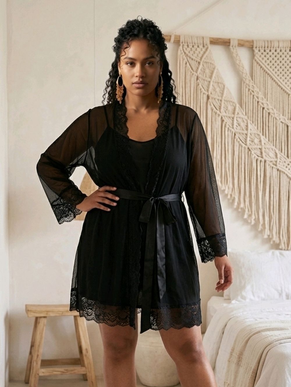Frederick’s Sheer Lace Robe 2X Black Belted Intimate Open Front Sultry Lingerie